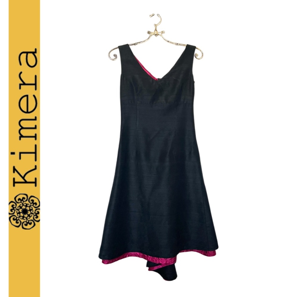 Kimera Black Silk Shantung Asymmetrical Midi Dress with Pink Poly Lining Size S